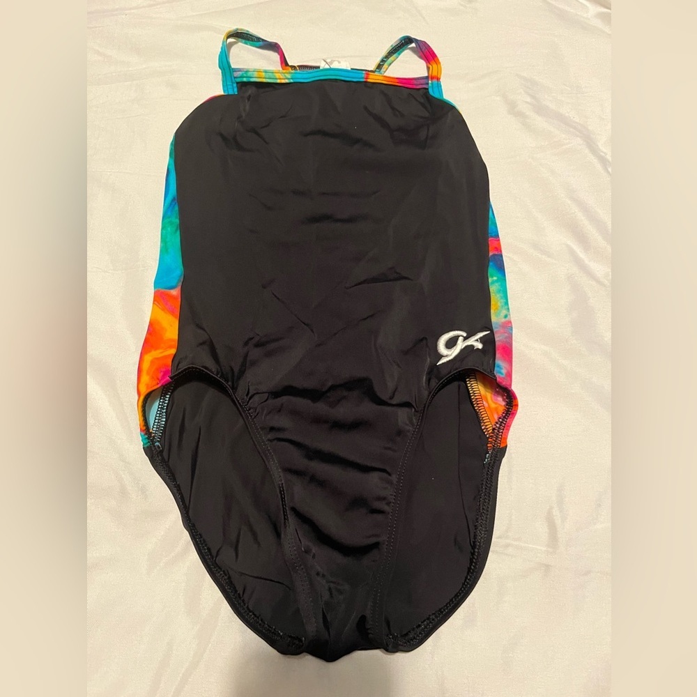 GK Elite Girls Leotard Black w/ a Multicolor TieDye Thin Strap Design Si…